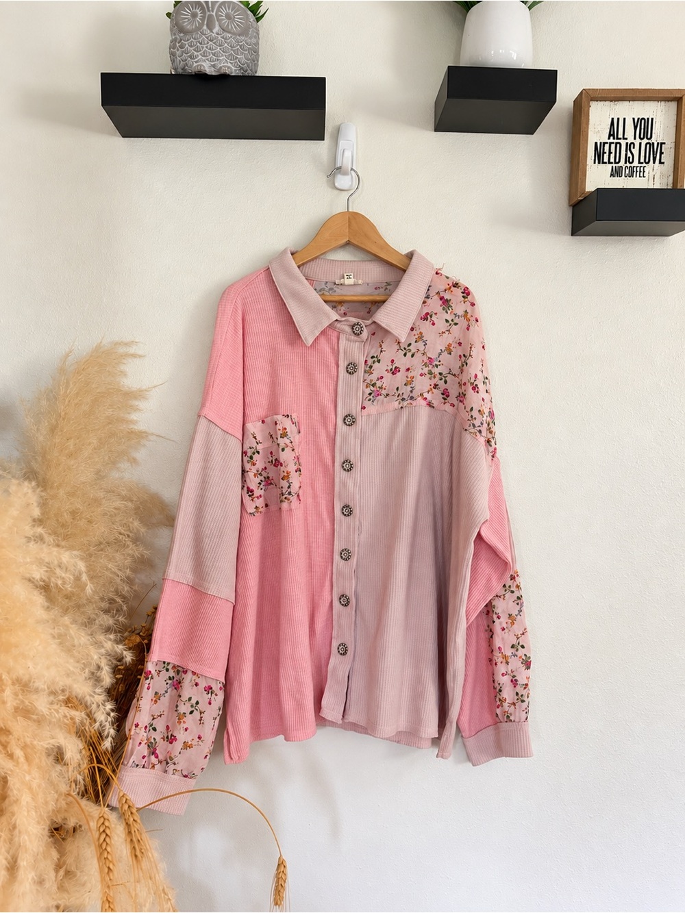 POL Pink Floral Patchwork Oversized Thermal Button Up Shirt Top L